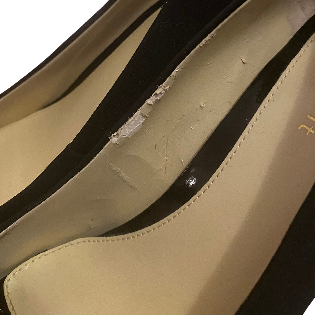 Upcycled Vintage Black/Gold Velvet Button Peep-Toe Kitten Heels (8)