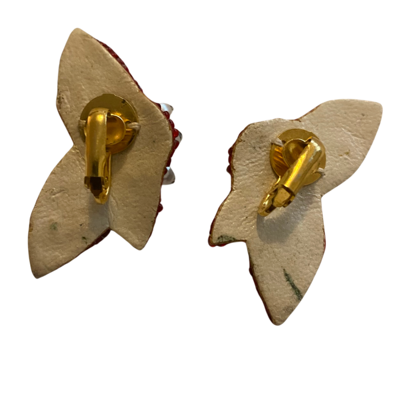 Red Sequin Pearl Beads Butterfly Wing Clip On Earrings