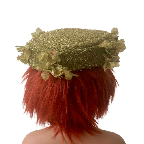 Vintage Textured Chartreuse Grassy Green Flower Pillbox Hat