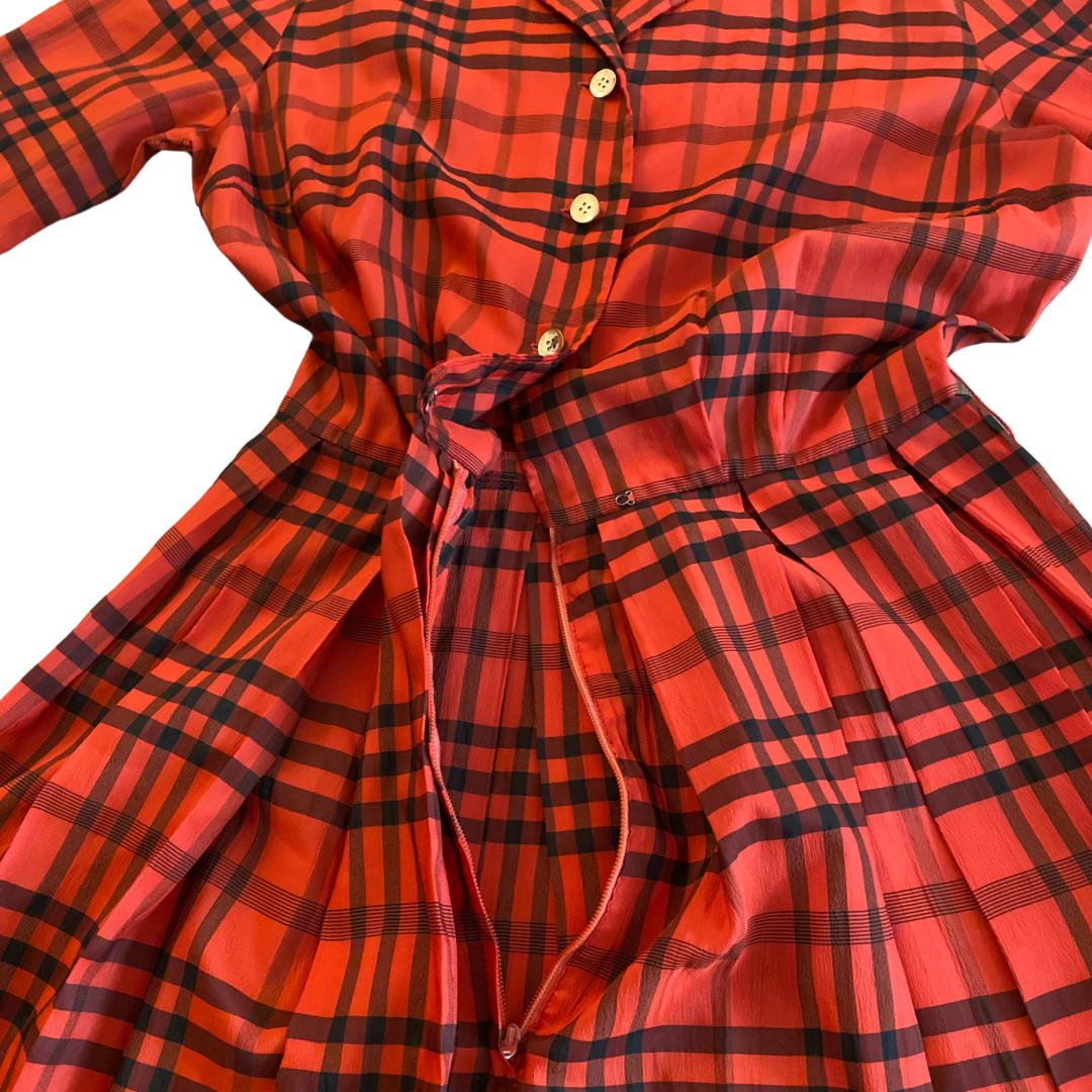 Vintage Red and Black Plaid Button-Down Dress (XS)