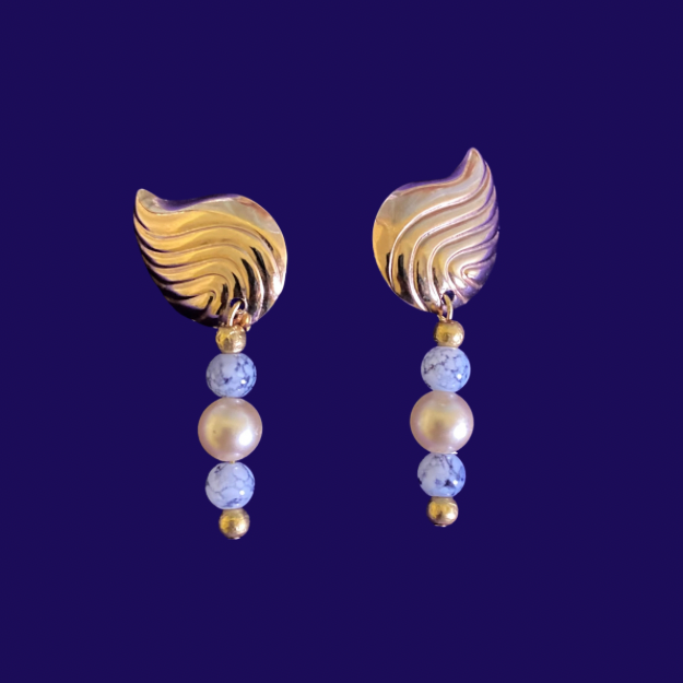 Attina | Upcycled Vintage Gold Shell Mock Pearl Beaded Drop Stud Earrings