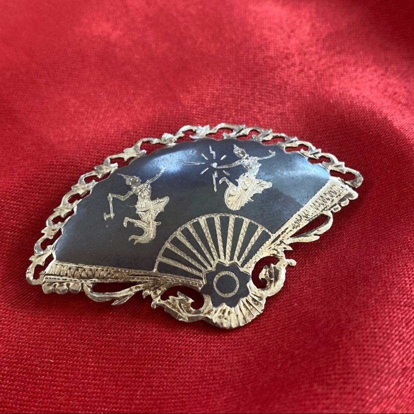 Vintage Black & Silver Siam Niello Sterling Silver Dancers Filigree Fan Brooch Pin Signed
