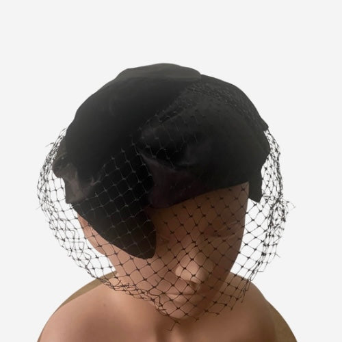 1940’s Real Vintage Union Made Black Satin & Velvet Helmet Hat w/ Veil