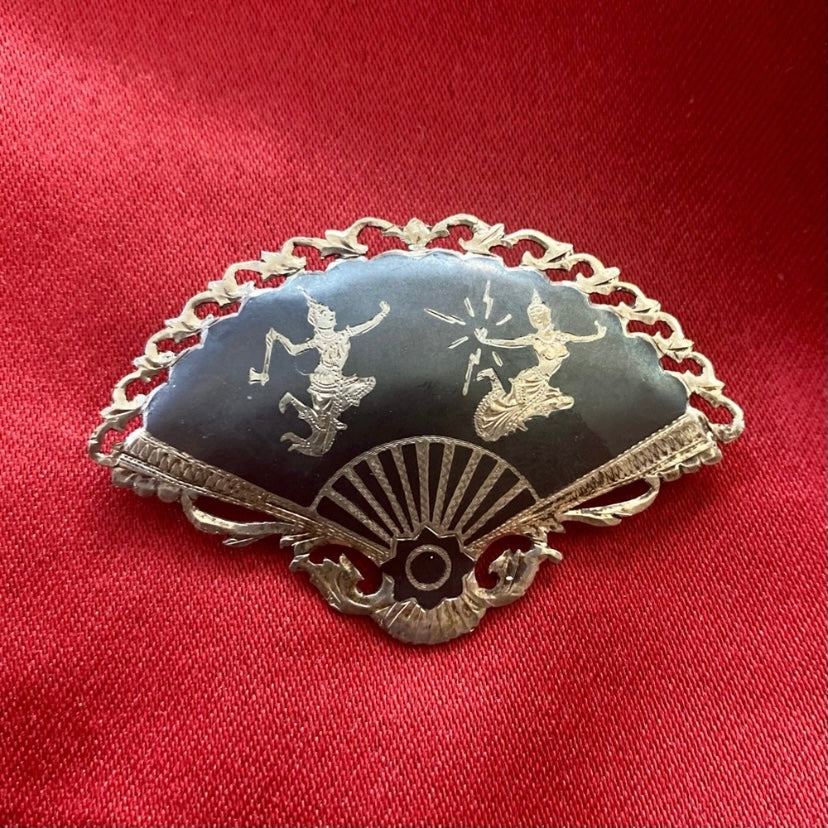 Vintage Black & Silver Siam Niello Sterling Silver Dancers Filigree Fan Brooch Pin Signed