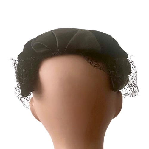 1940’s Real Vintage Union Made Black Satin & Velvet Helmet Hat w/ Veil