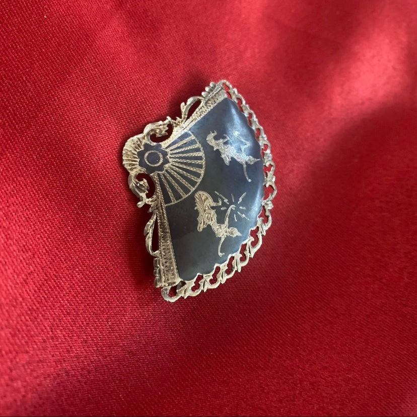 Vintage Black & Silver Siam Niello Sterling Silver Dancers Filigree Fan Brooch Pin Signed