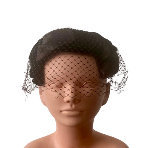 1940’s Real Vintage Union Made Black Satin & Velvet Helmet Hat w/ Veil
