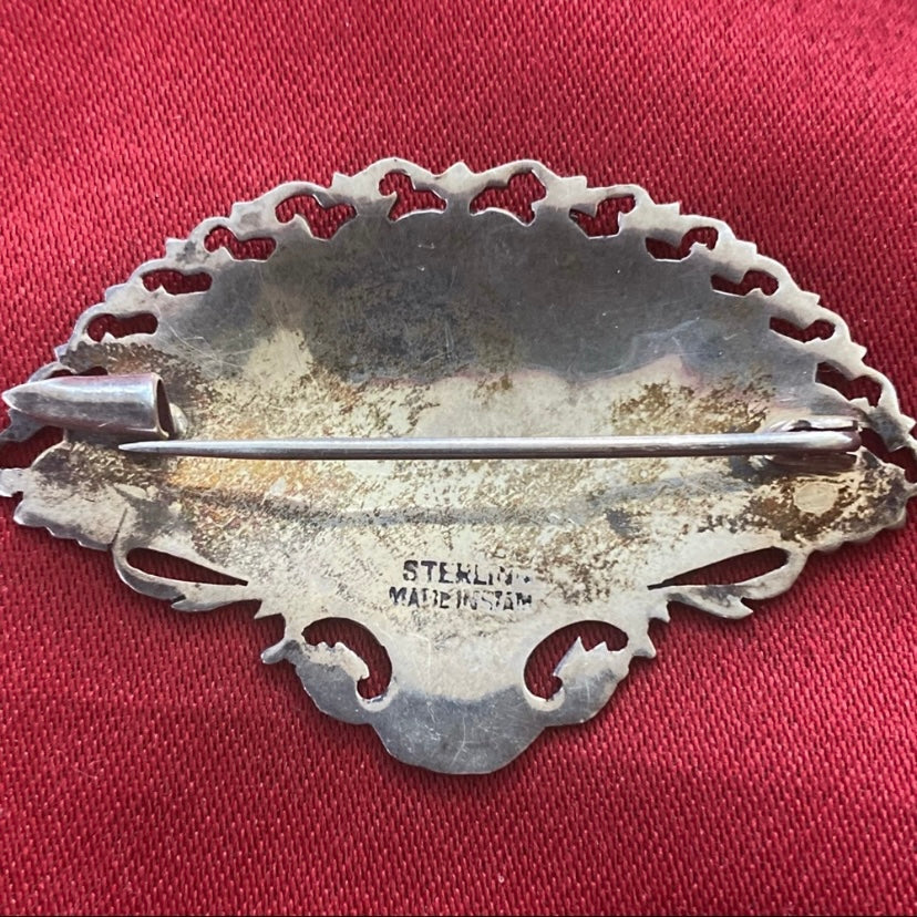 Vintage Black & Silver Siam Niello Sterling Silver Dancers Filigree Fan Brooch Pin Signed