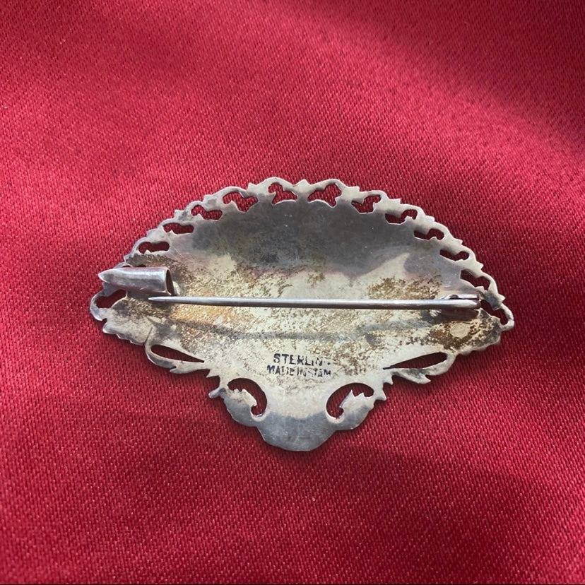 Vintage Black & Silver Siam Niello Sterling Silver Dancers Filigree Fan Brooch Pin Signed