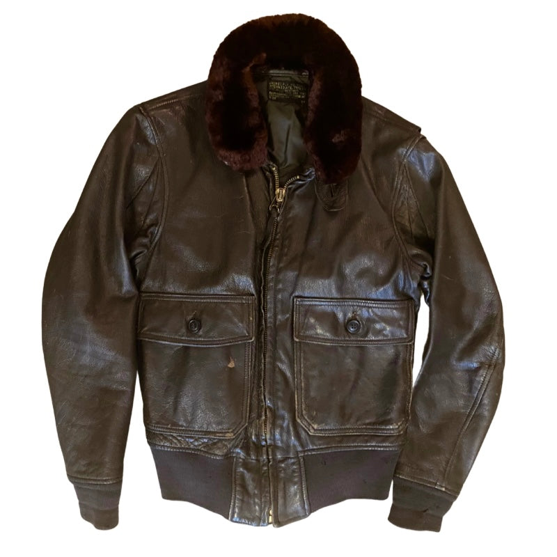 *RARE VINTAGE* 1960s USN Men’s Type G-1 Chocolate Brown Leather Flight Jacket with Fur Collar (36)