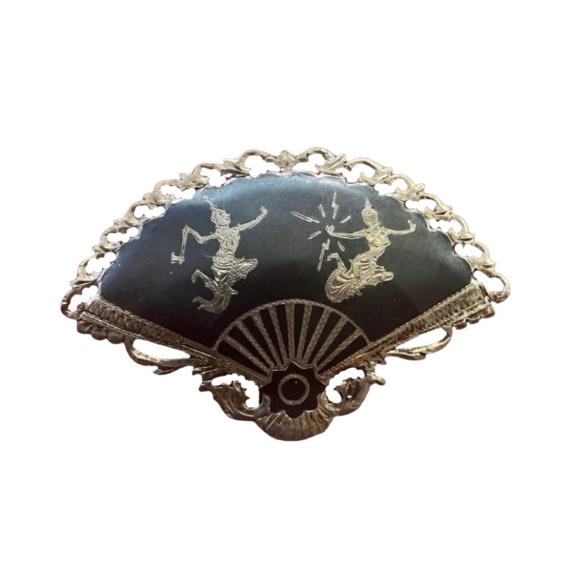 Vintage Black & Silver Siam Niello Sterling Silver Dancers Filigree Fan Brooch Pin Signed