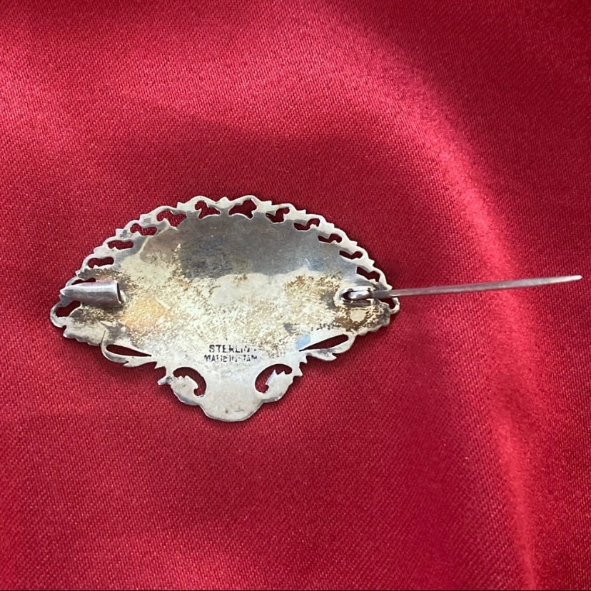 Vintage Black & Silver Siam Niello Sterling Silver Dancers Filigree Fan Brooch Pin Signed