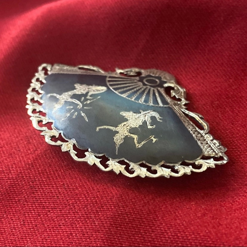 Vintage Black & Silver Siam Niello Sterling Silver Dancers Filigree Fan Brooch Pin Signed