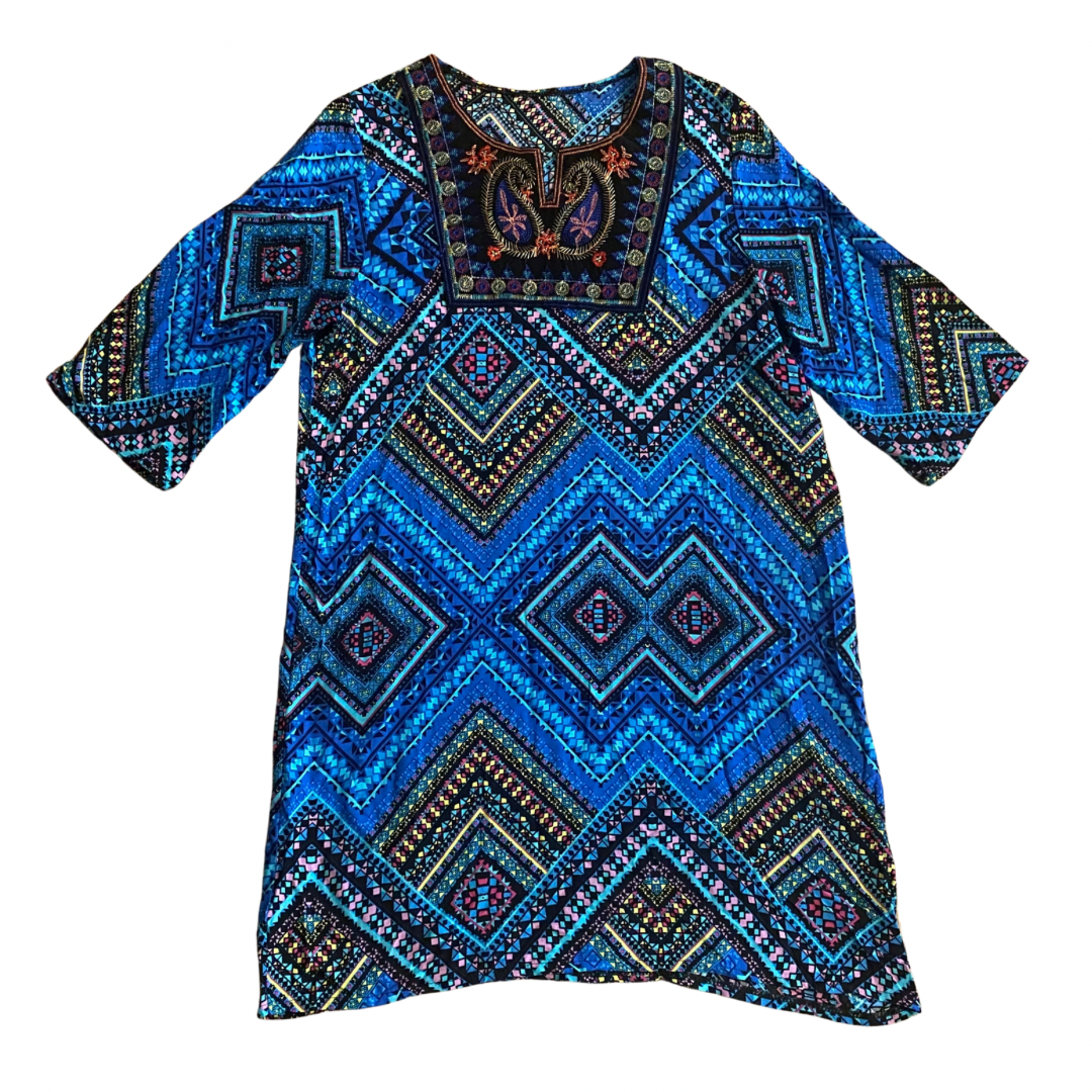 Geometric Pattern Blue/ Black/ Red/ Yellow Tunic/Dress with Embroidered Collar (M/L)