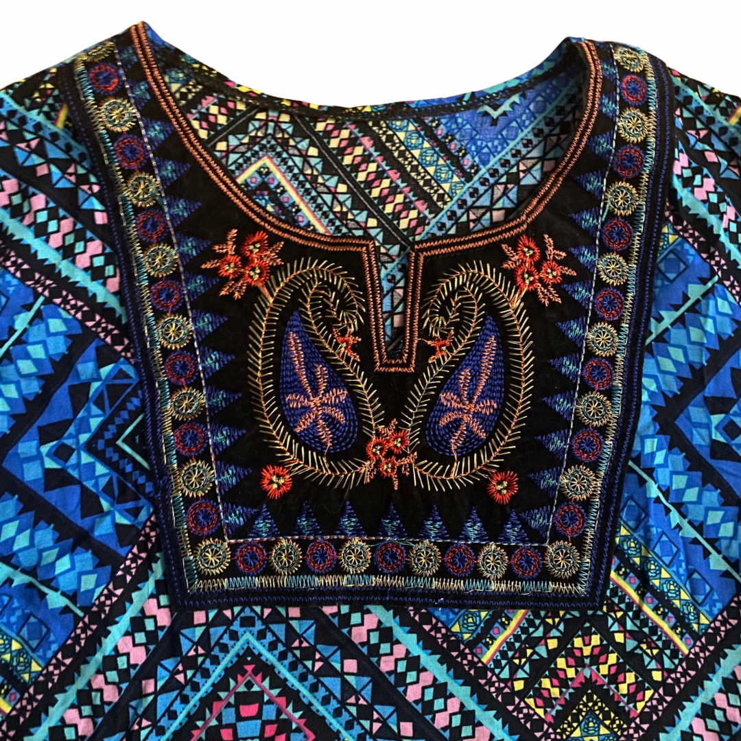 Geometric Pattern Blue/ Black/ Red/ Yellow Tunic/Dress with Embroidered Collar (M/L)
