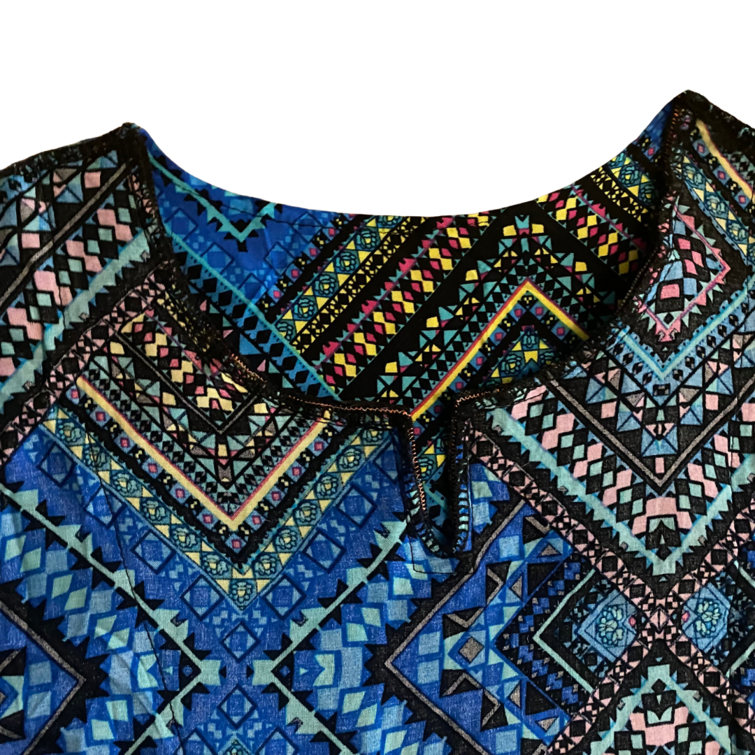 Geometric Pattern Blue/ Black/ Red/ Yellow Tunic/Dress with Embroidered Collar (M/L)