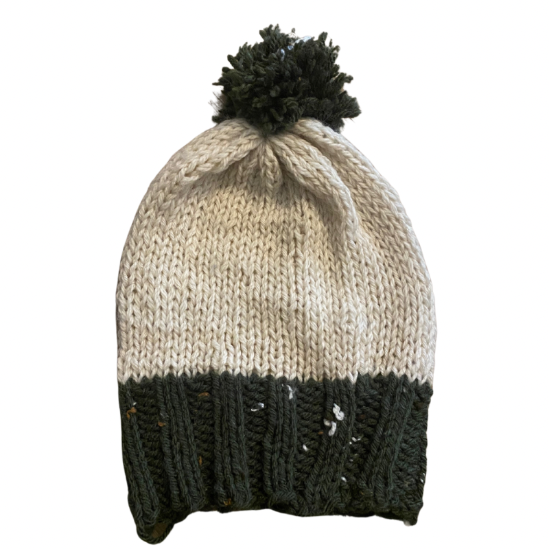 Forest Green/Wintery White Handknit Beanie with Pom-Pom (S)