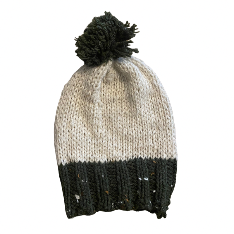 Forest Green/Wintery White Handknit Beanie with Pom-Pom (S)