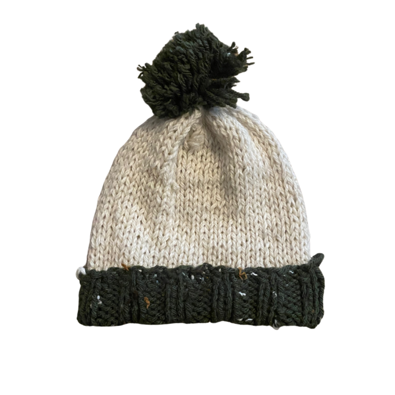 Forest Green/Wintery White Handknit Beanie with Pom-Pom (S)