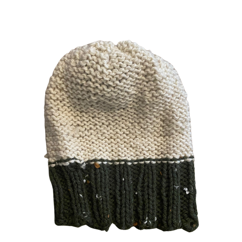 Forest Green/Wintery White Handknit Beanie with Pom-Pom (S)
