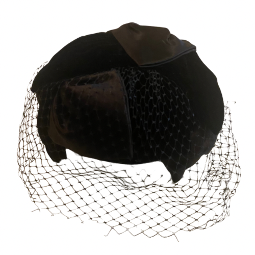 1940’s Real Vintage Union Made Black Satin & Velvet Helmet Hat w/ Veil