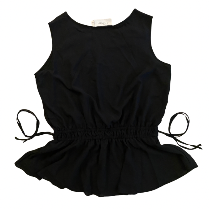 V-Neck Sleeveless Black & White Embroidered Drawstring Waist Chiffon Tank (L)