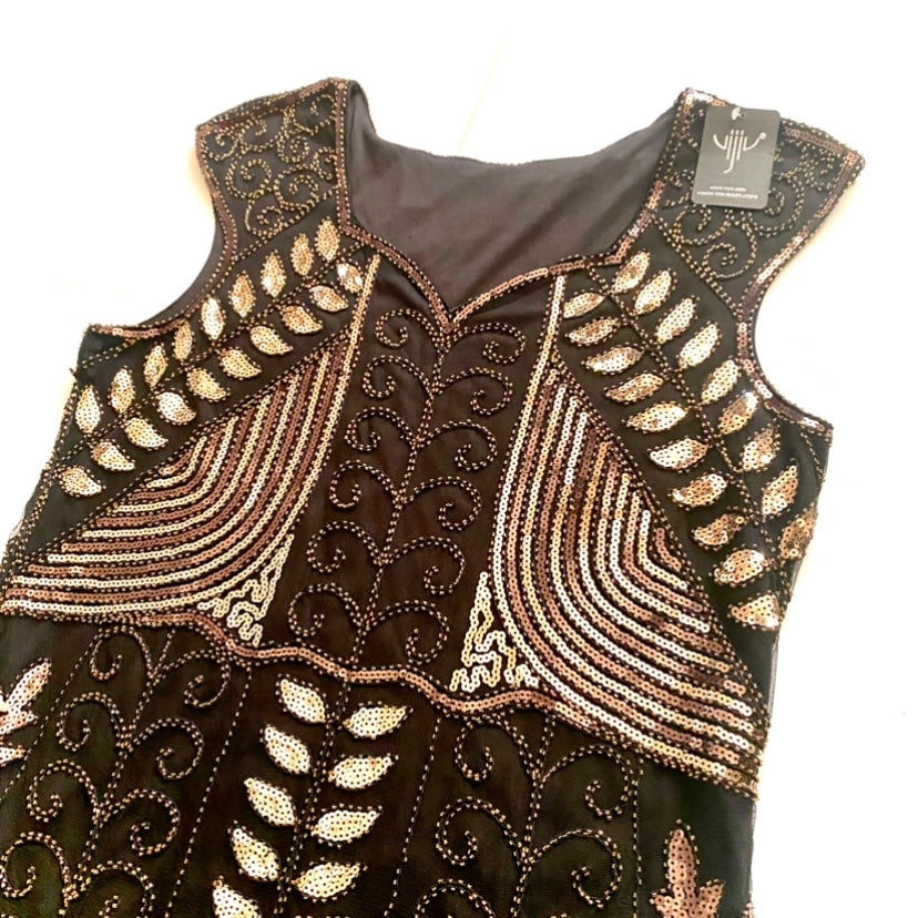 NWT Gold/Black Sequin Embroidered 1920's Style Flapper Dress (L)
