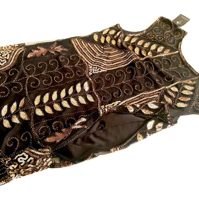 NWT Gold/Black Sequin Embroidered 1920's Style Flapper Dress (L)