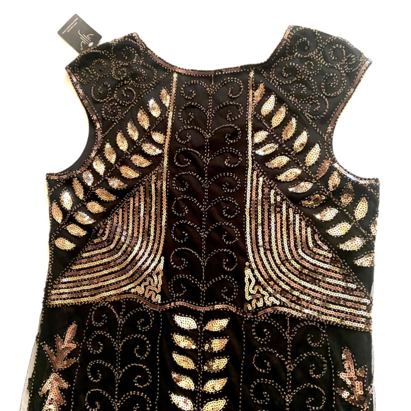 NWT Gold/Black Sequin Embroidered 1920's Style Flapper Dress (L)