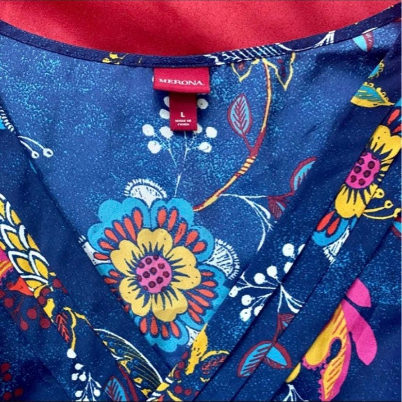 Tropical Blue Floral Print Sleeveless Wrap Front Top (L)