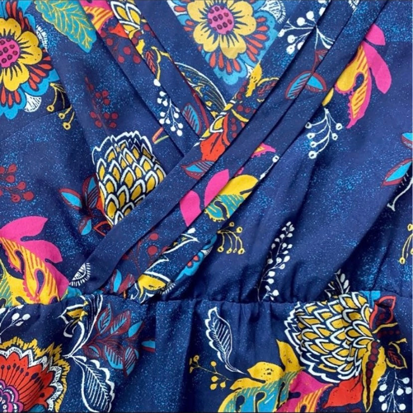 Tropical Blue Floral Print Sleeveless Wrap Front Top (L)