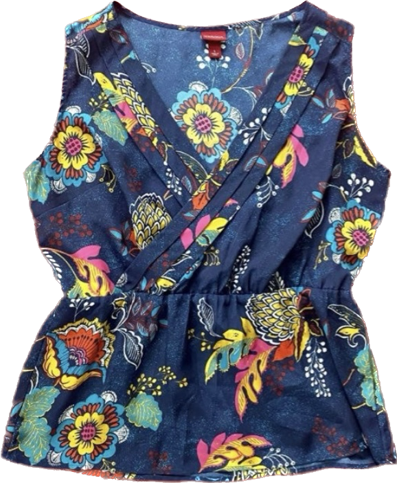 Tropical Blue Floral Print Sleeveless Wrap Front Top (L)