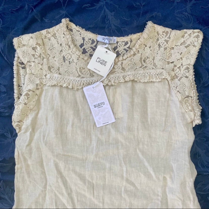 NWT Beige Allegra Masetti Lace Drop-Waist Linen Dress (L)