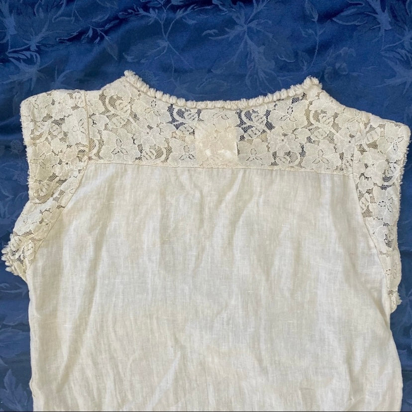 NWT Beige Allegra Masetti Lace Drop-Waist Linen Dress (L)
