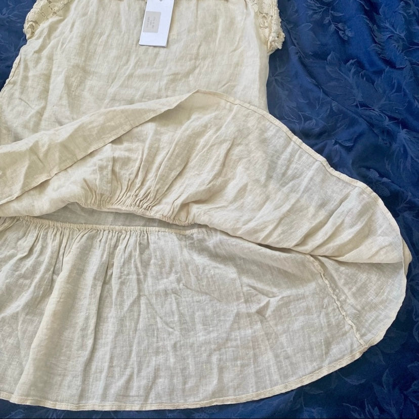 NWT Beige Allegra Masetti Lace Drop-Waist Linen Dress (L)