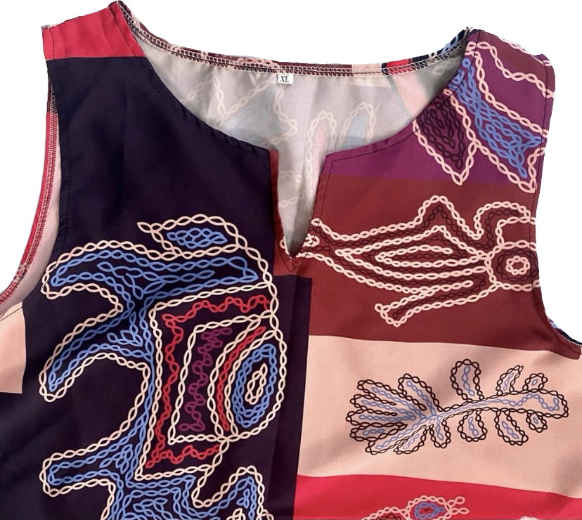 Hot Pink & Blue Patchwork Folk Art Sleeveless Maxi-Dress (XL)