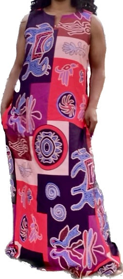 Hot Pink & Blue Patchwork Folk Art Sleeveless Maxi-Dress (XL)