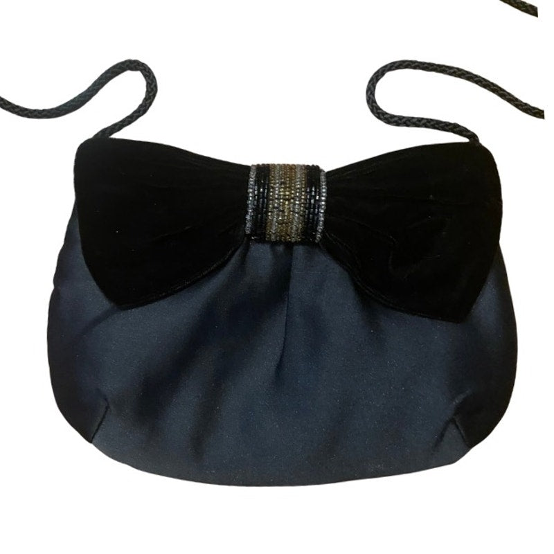 Vintage Glamour Gold/Silver/Black Velvet Beaded Bow Clutch/ Shoulder Bag