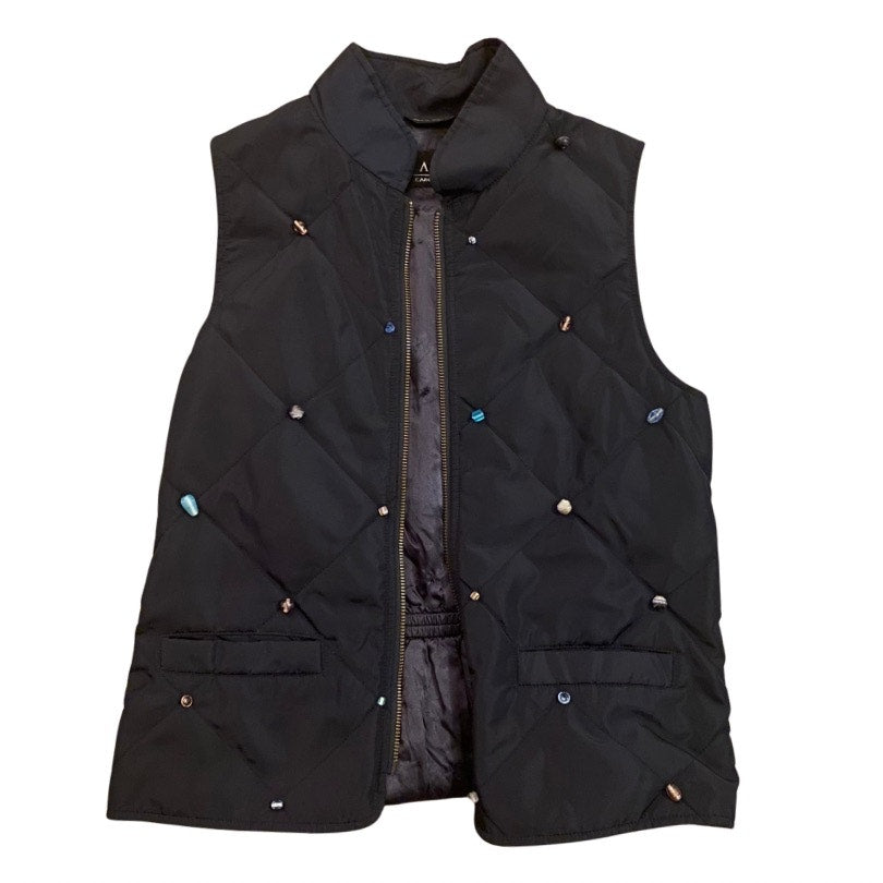 Upcycled Navy Blue, Purple Bead Embellished Quilted Vest (S)