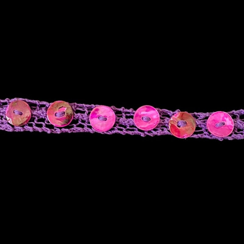 Magenta Purple Shell Button Embellished Purple Handknit Cotton Choker Necklace