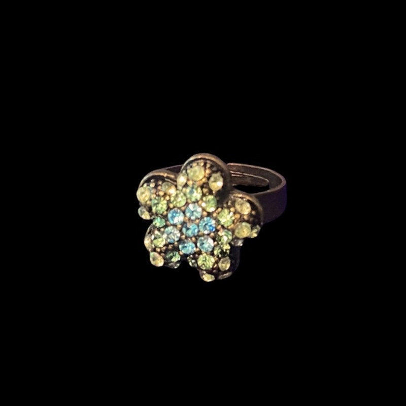 Vintage Blue & Green Rhinestone Flower Ring (7)