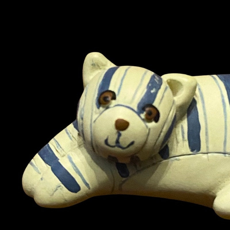 Vintage Blue and White Painted Ceramic Tiger Cat Brooch
