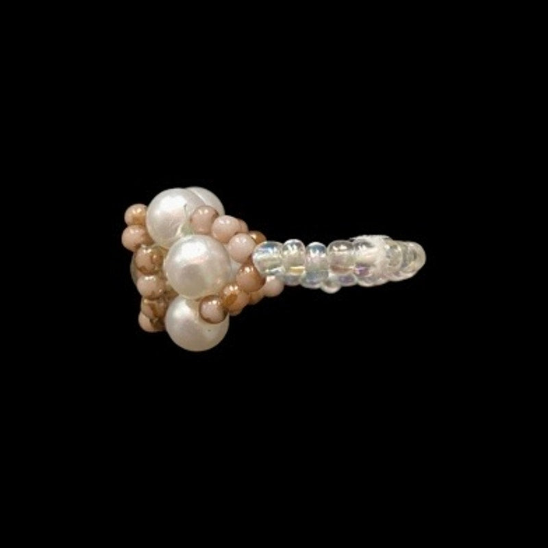 Dainty Vintage Brown/Gold/White Faux Pearl Beaded Flower Ring (5)