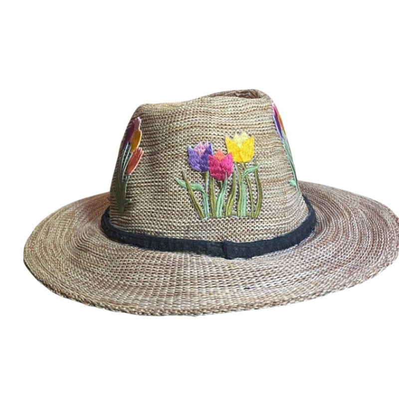 Upcycled Pink/Purple/Yellow Tulip Patch Straw Fedora