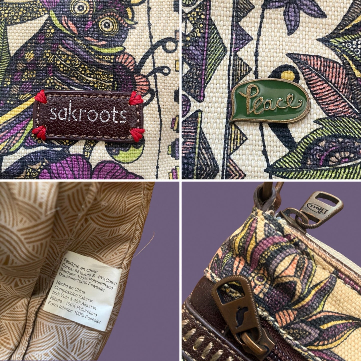 Small Earthy Peace Owl Printed Canvas Crossbody Bag with Dark Brown Faux Leather Strap