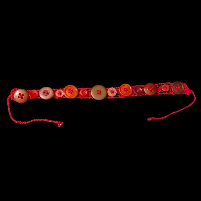 Red/Brown Button Embellished Handknit Cotton Choker Necklace
