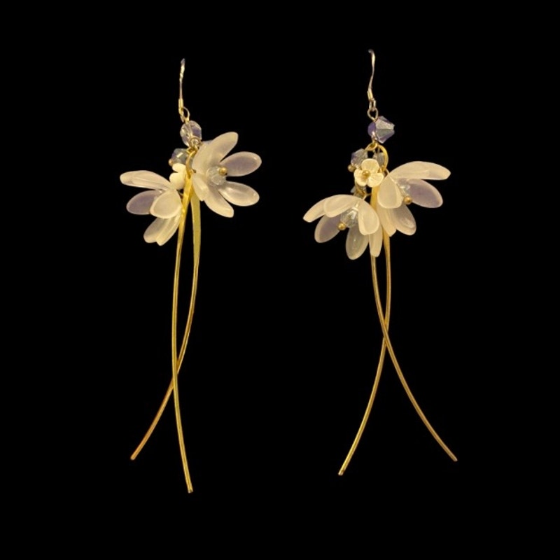 Frosted Acrylic Crystal Bead Flower Blossom Gold Dangle and Drop Earrings