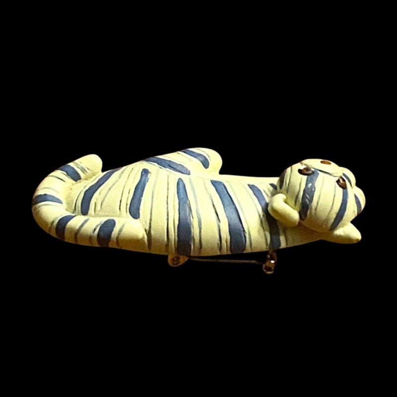 Vintage Blue and White Painted Ceramic Tiger Cat Brooch