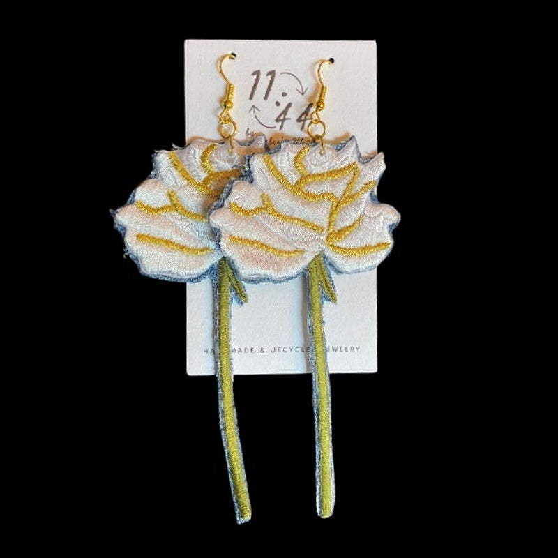 Vintage White/Gold Long Stem Rose Patch + Denim Earrings