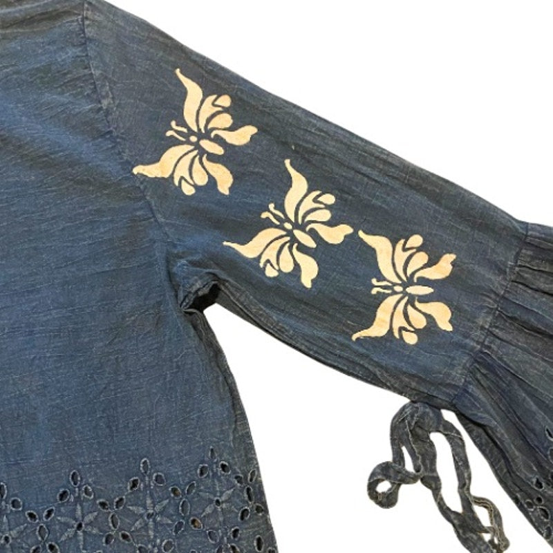 Breezy Indigo Blue & White Butterfly Bell Sleeve Lace Hem Cotton Blouse (M)